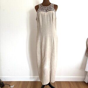 Knapp Studio Size9 Beige Sleeveless Crochet Yoke Side Slit LinenBlend Midi Dress